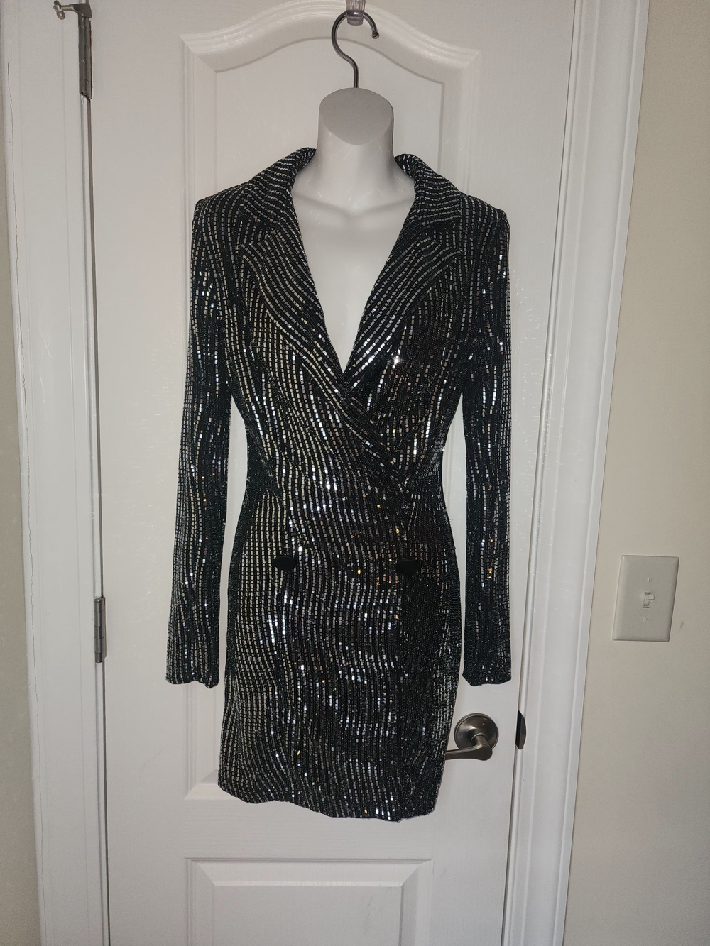 Sequin-Striped Black Wrap Blazer Dress